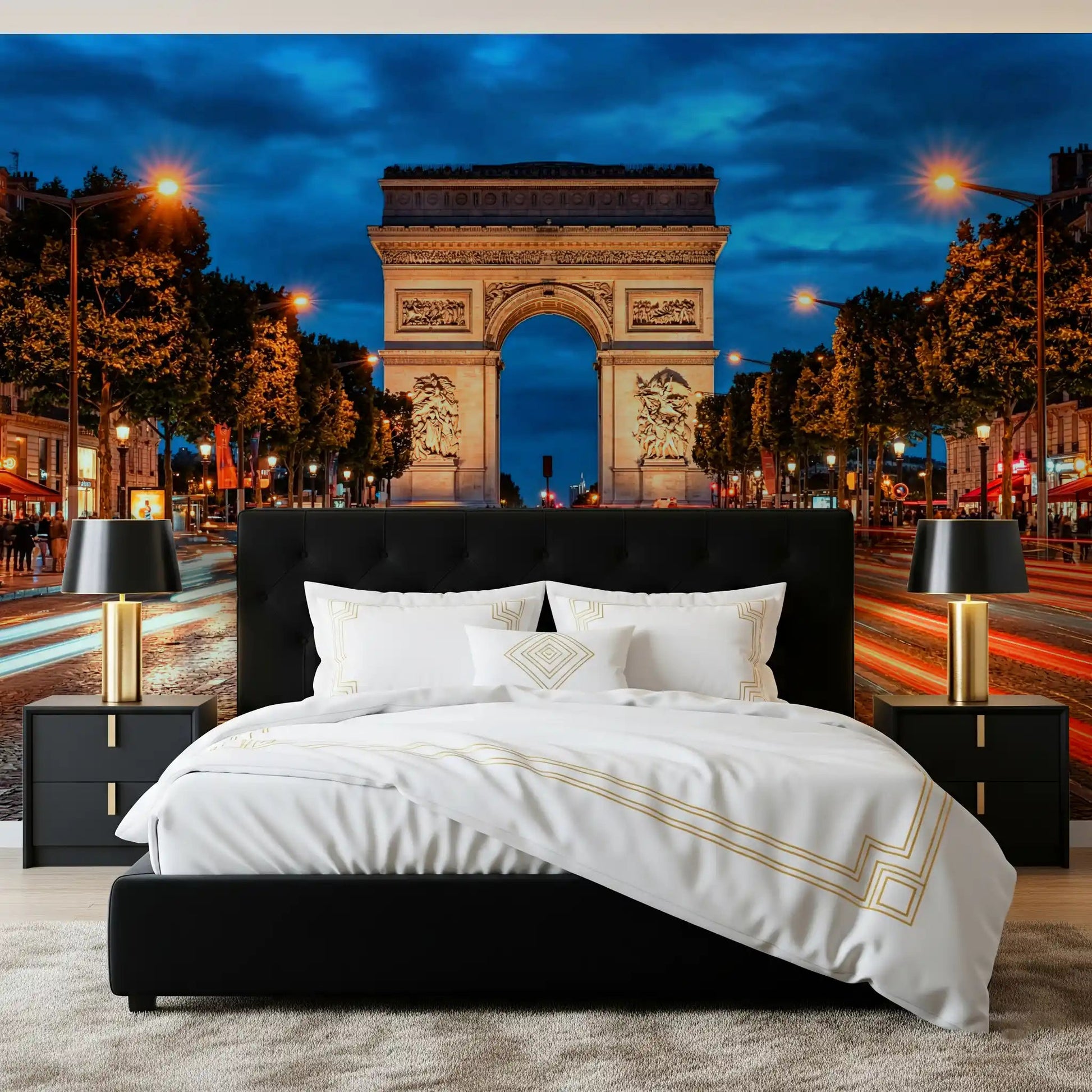 City landmark wall mural for a bedroom with Paris night street scene