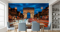 Paris evening wall mural with bright road lights and grand arch detail