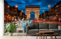 Urban Paris wall mural with glowing evening traffic and historic architecture