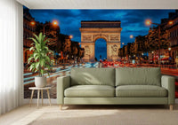 Cityscape wall mural with Arc de Triomphe and dramatic blue evening sky