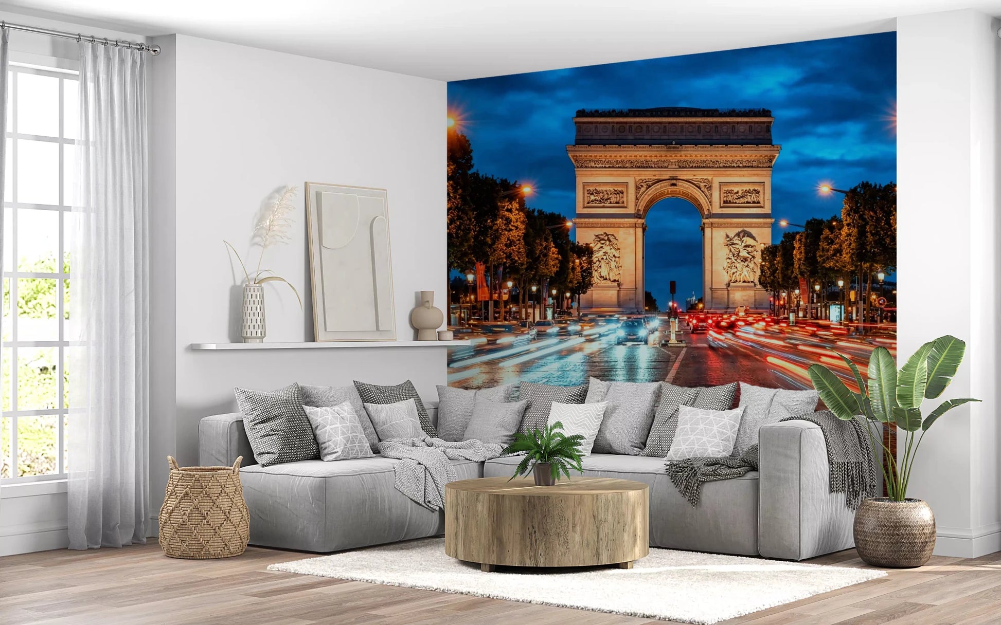 Landmark wall mural with Arc de Triomphe and vibrant night street view
