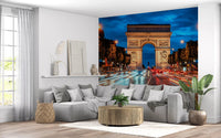 Landmark wall mural with Arc de Triomphe and vibrant night street view