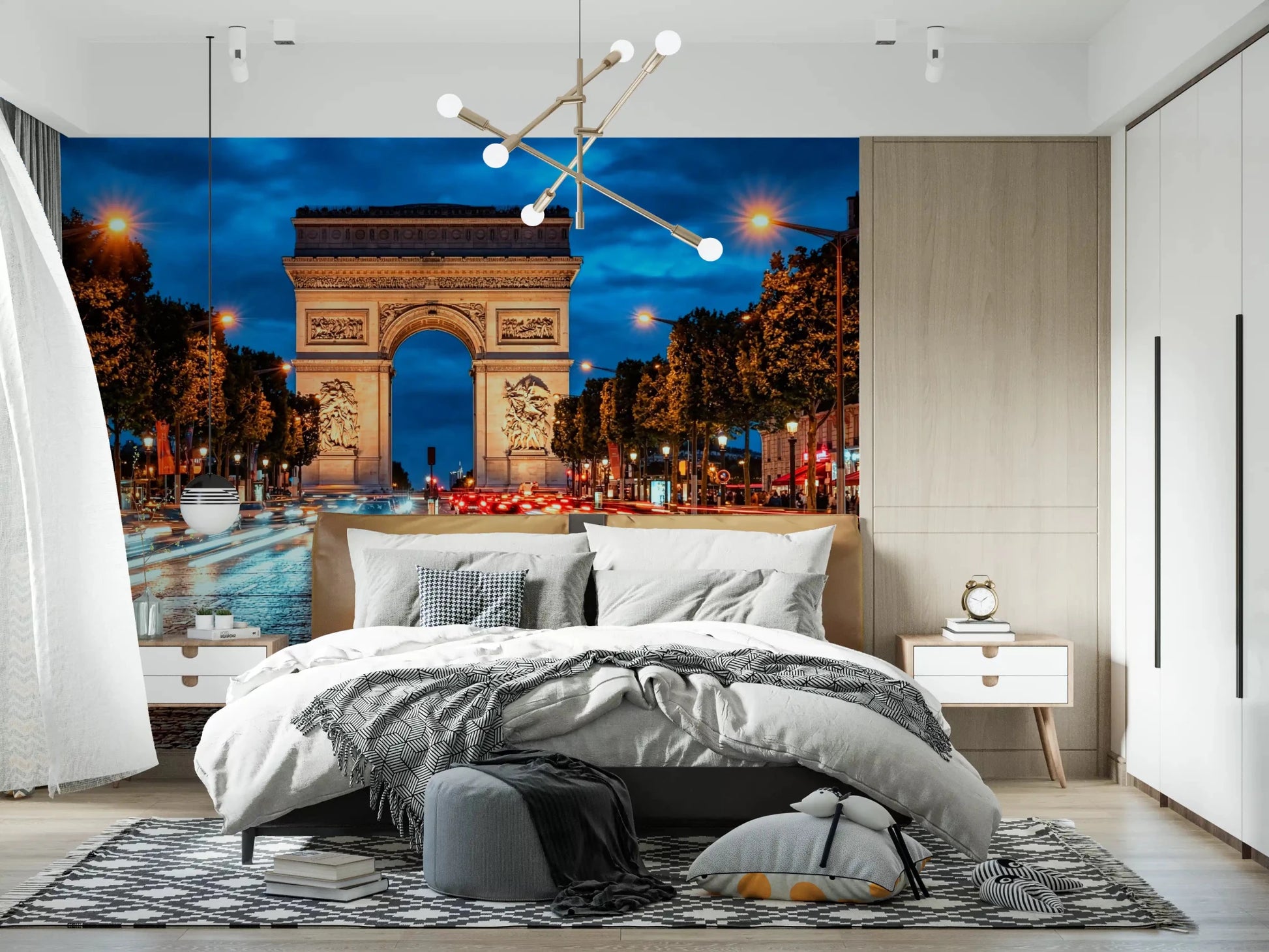 Paris street wall mural with evening light trails and illuminated city landmark