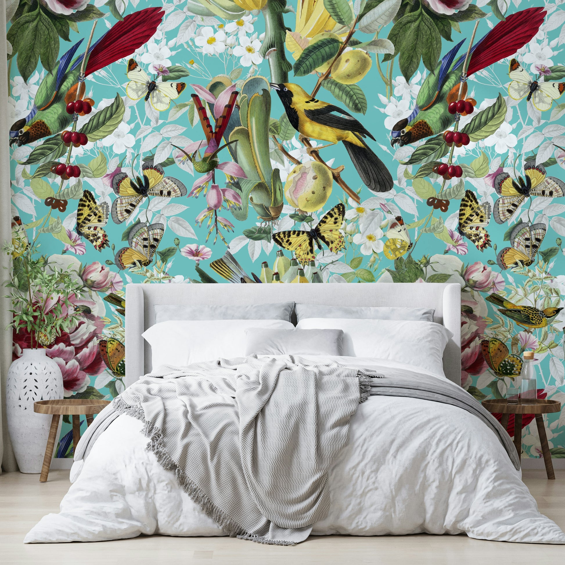 Lush garden mural with insects and petals

