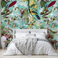 Lush garden mural with insects and petals

