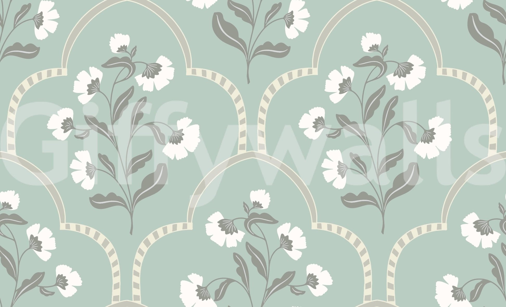 Elegant botanical wallpaper, decorative arches, soft pastel tones.