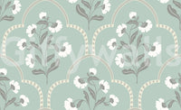 Elegant botanical wallpaper, decorative arches, soft pastel tones.