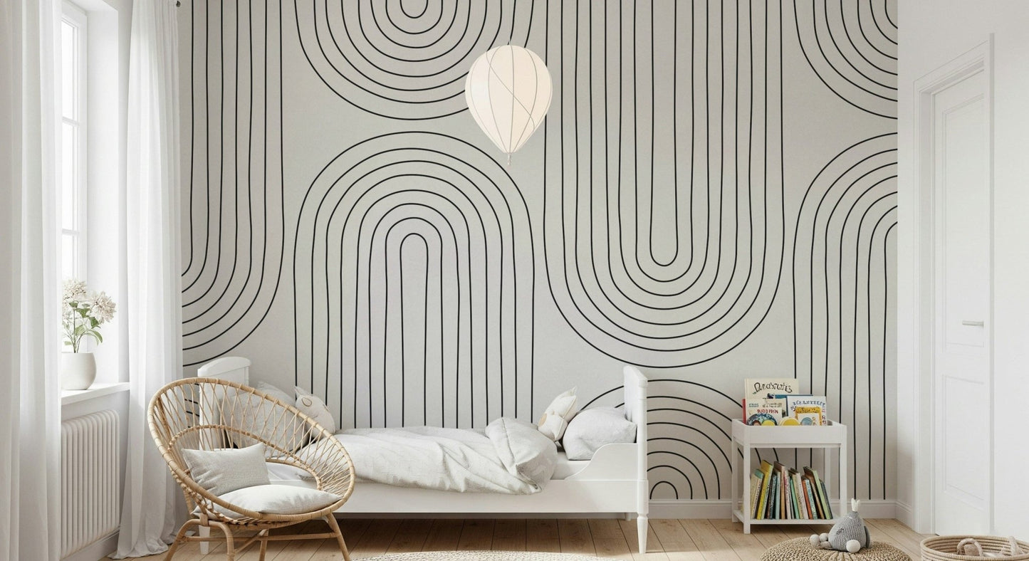 Elegant Arched Simplicity mural. U-shape linear pattern. Mid-century modern vibe.