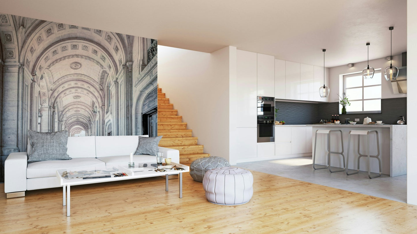 Detailed corridor with arches and ceiling designs

