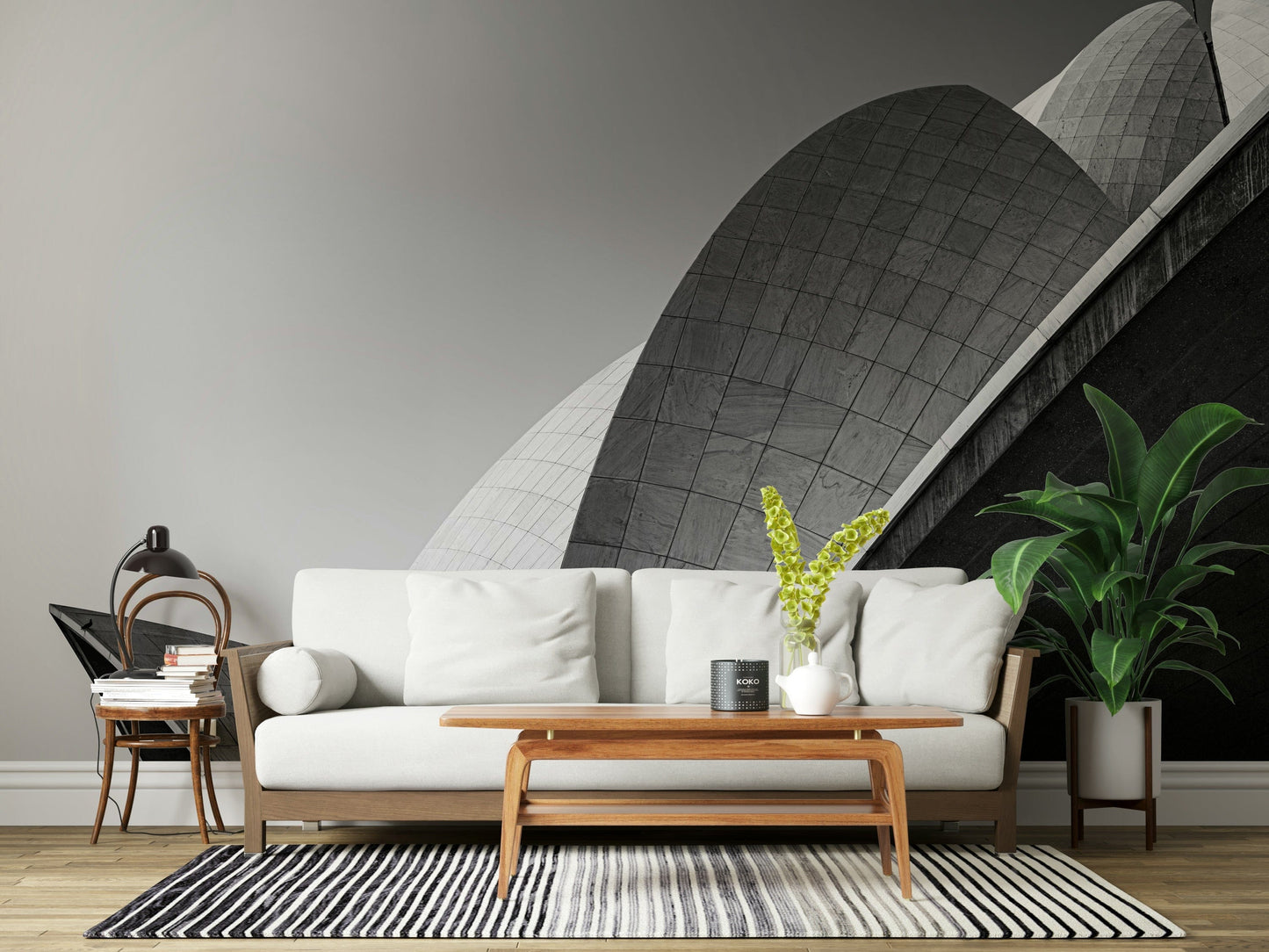 Wall mural with stylized petals forming intricate patterns inspired by architecture.