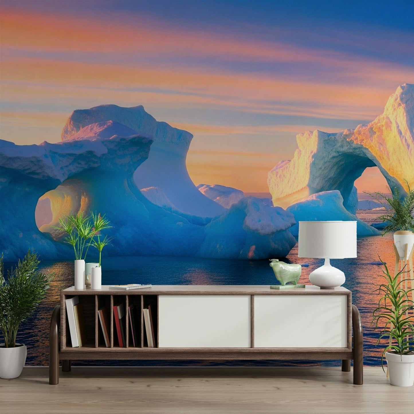 Scenic wallpaper with cartoon shapes and colors

