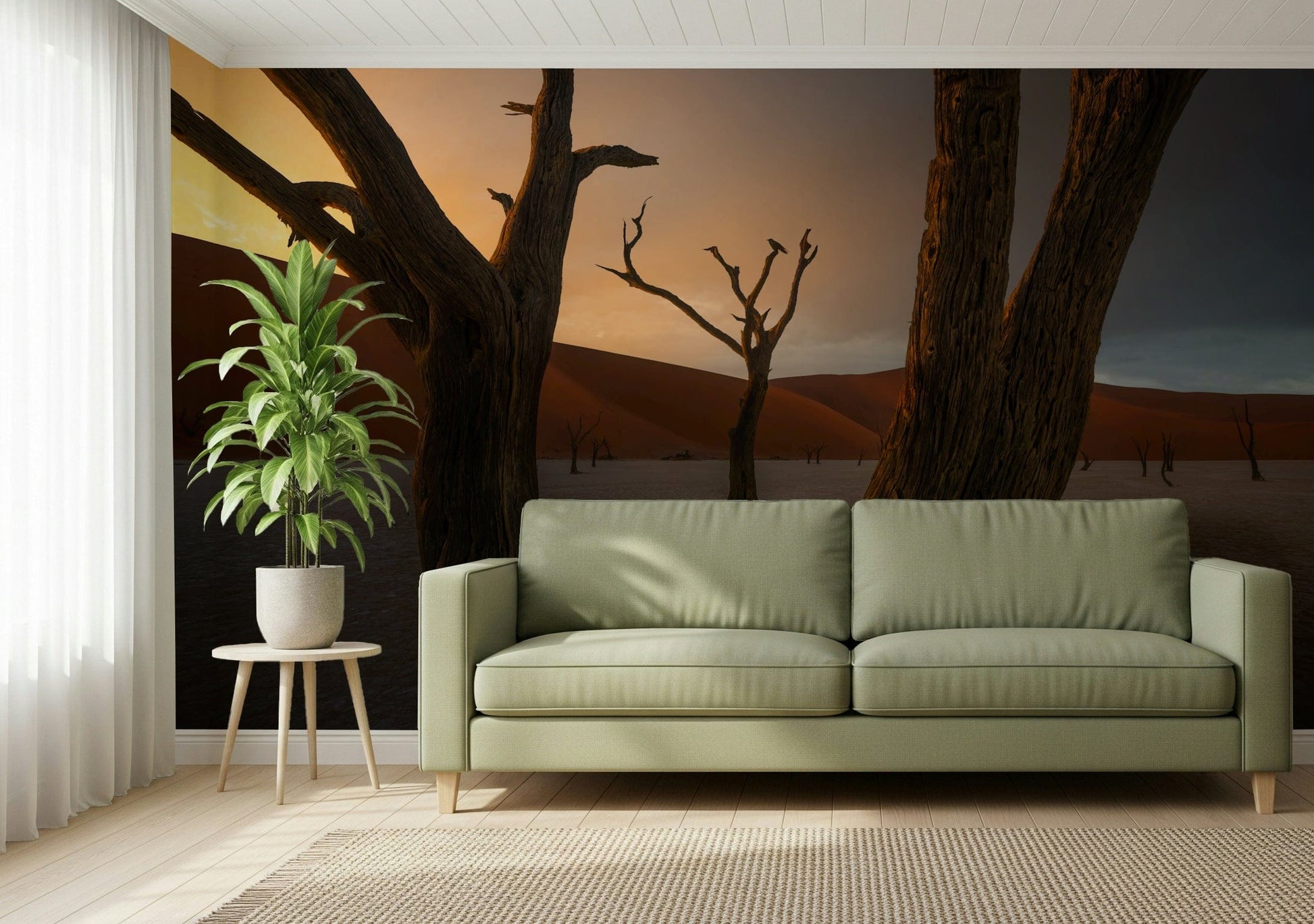 Stark Arid Woodland Ghost tree trunks wall mural, intense desert ambiance.