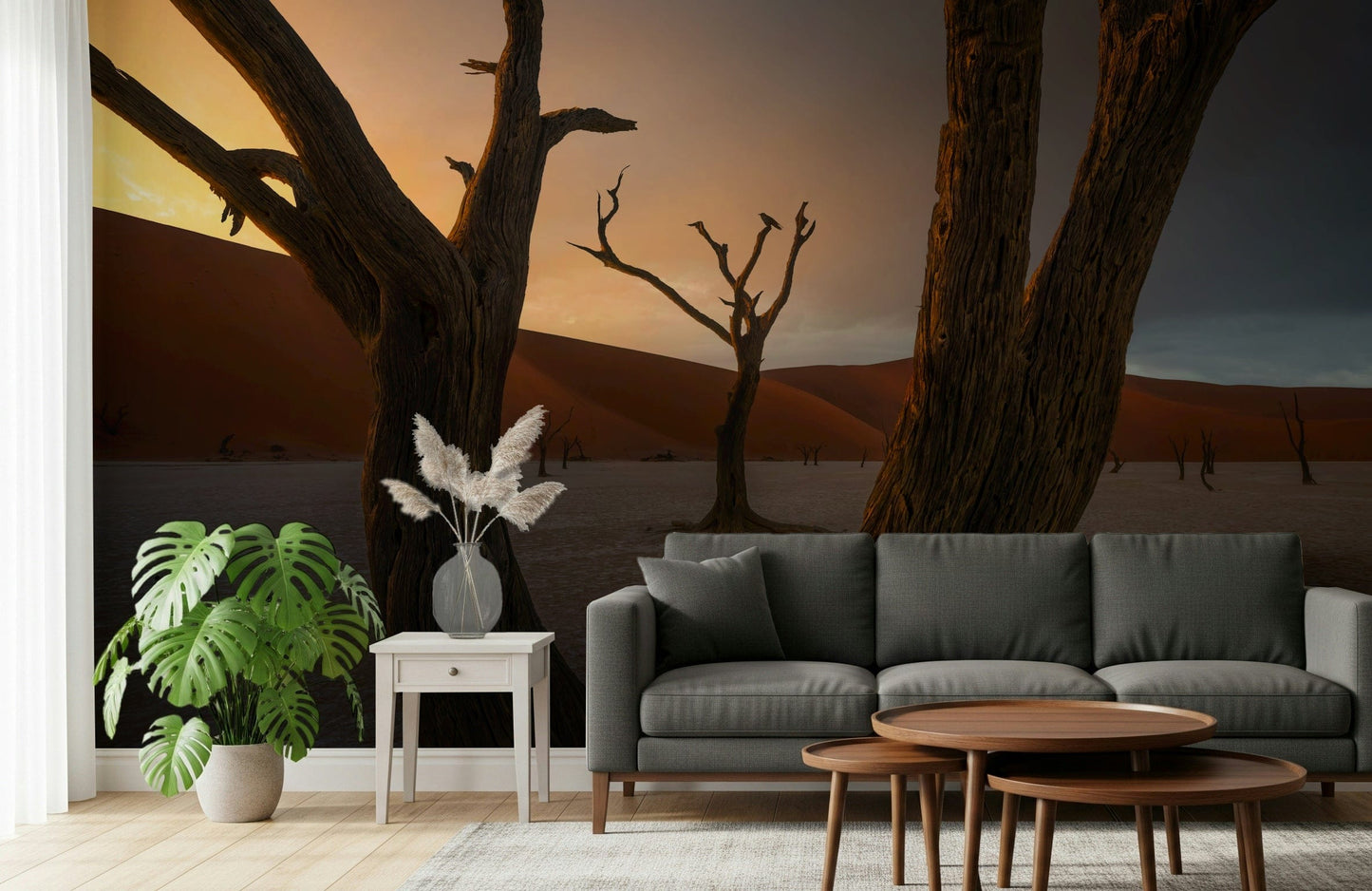 Eerie Arid Woodland Ghost valley picture, deep orange and gray sky.