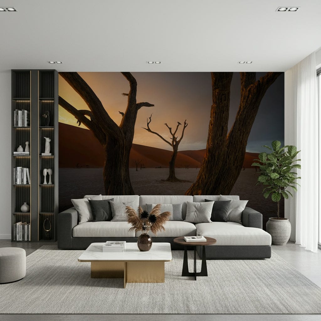 Arid Woodland Ghost dead trees wall mural, dramatic desert sunset.