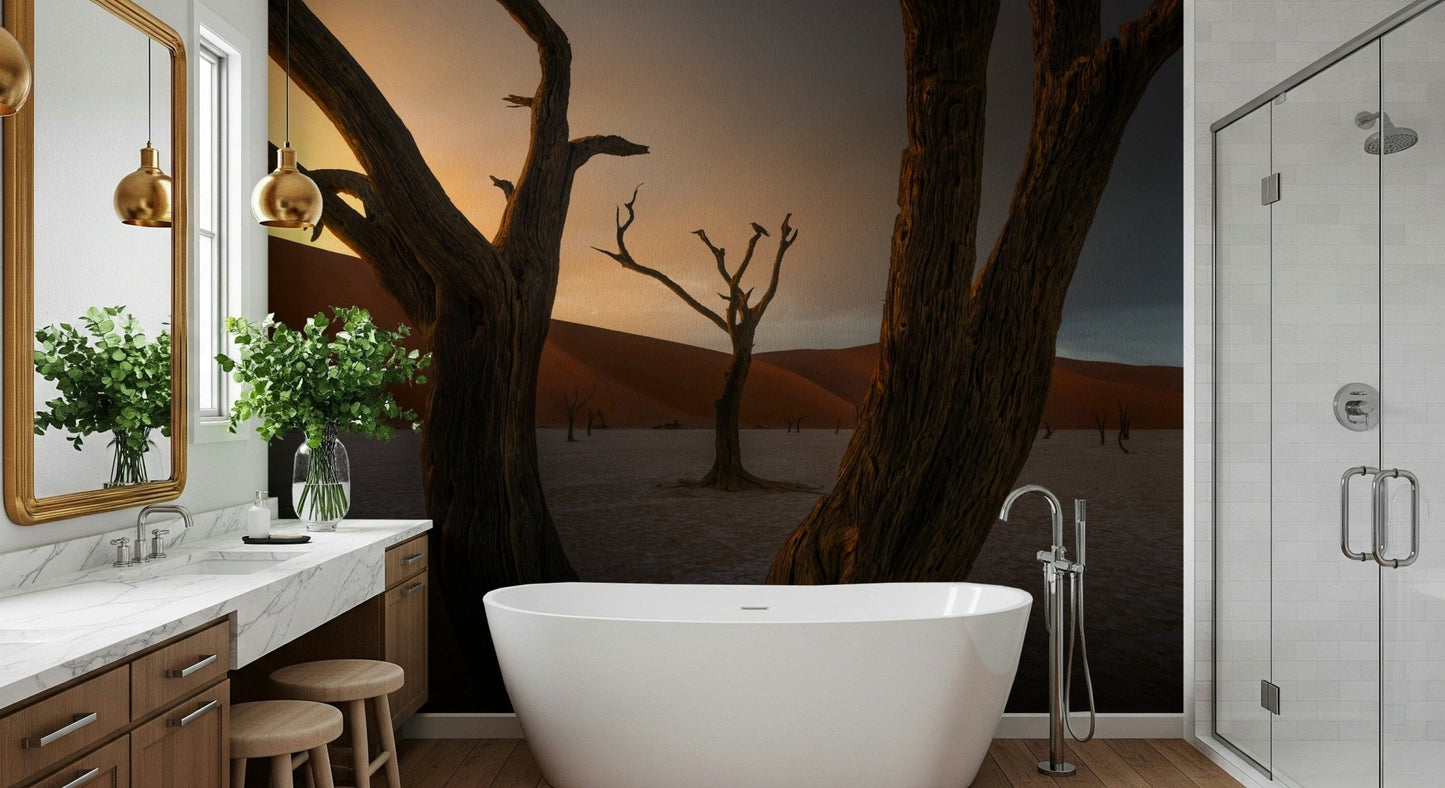 Abstract Arid Woodland Ghost mural, stunning desolate dry lake bed.