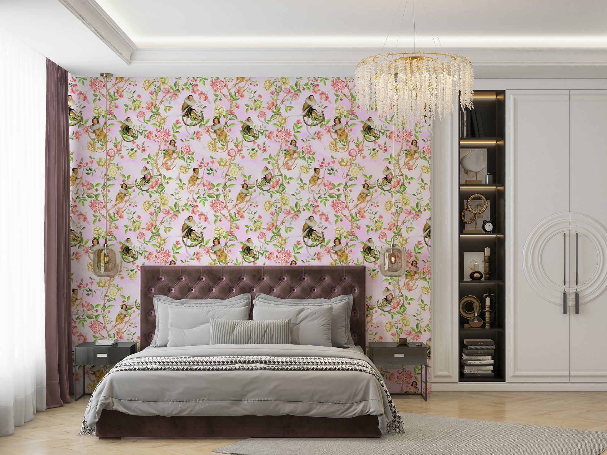 Elegant monkey wallpaper with grapes, flowers, and fancy attire.

