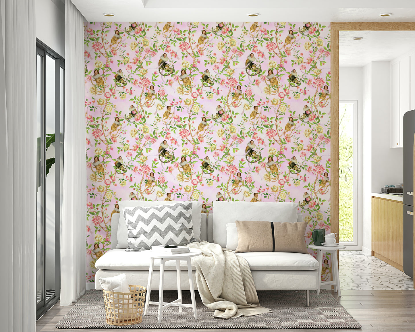 Whimsical mural with florals, monkeys, and parasols on a pink backdrop.

