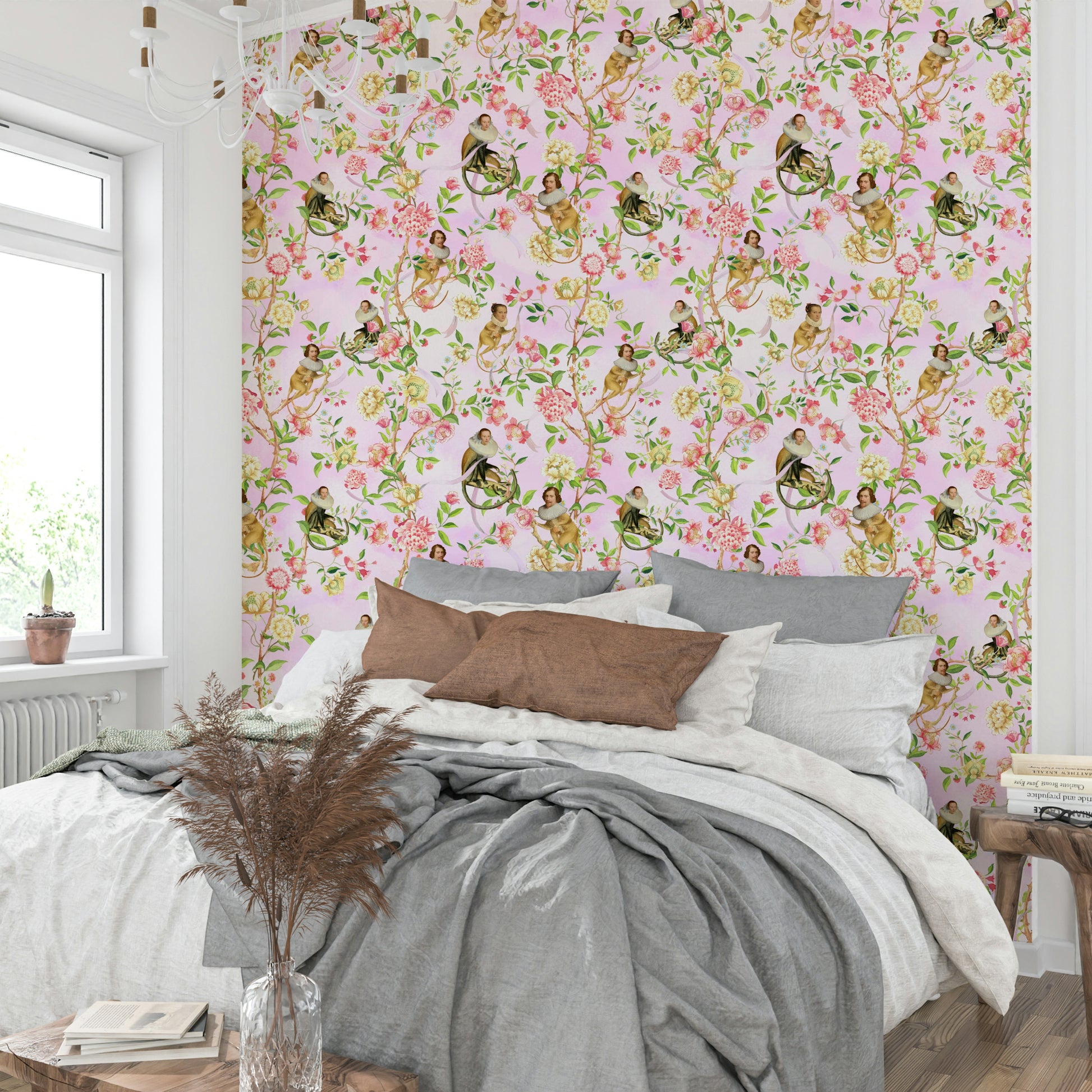 Wallpaper showing monkeys in top hats among blooming branches.

