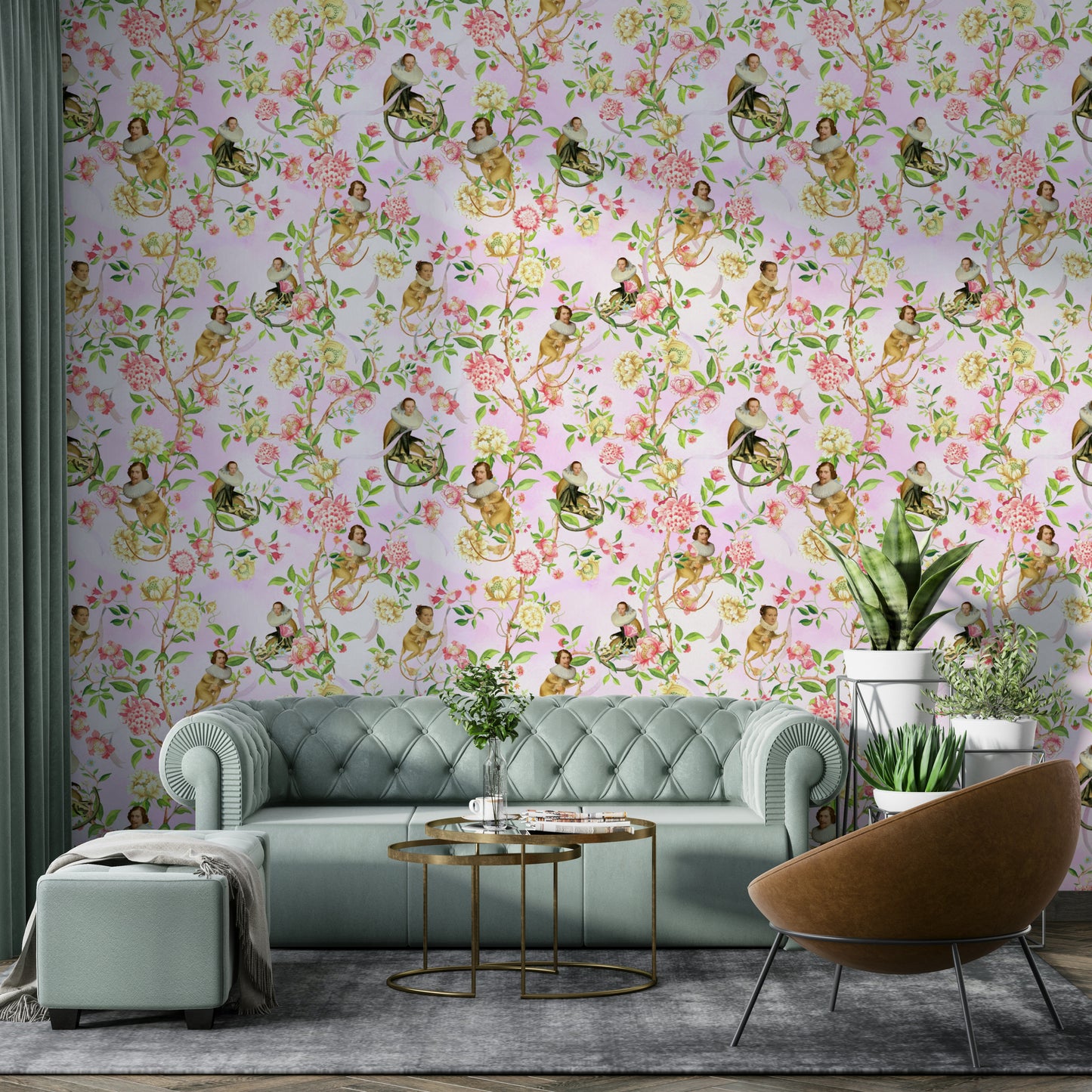 Illustrated monkey wall mural with soft pink and botanical elements.

