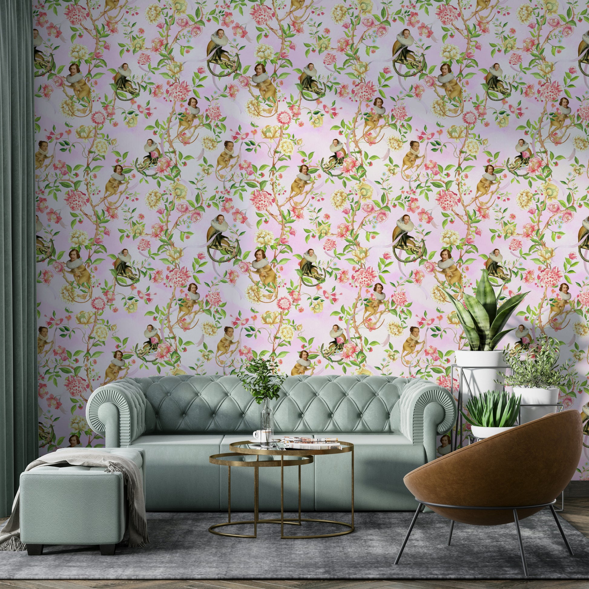 Illustrated monkey wall mural with soft pink and botanical elements.

