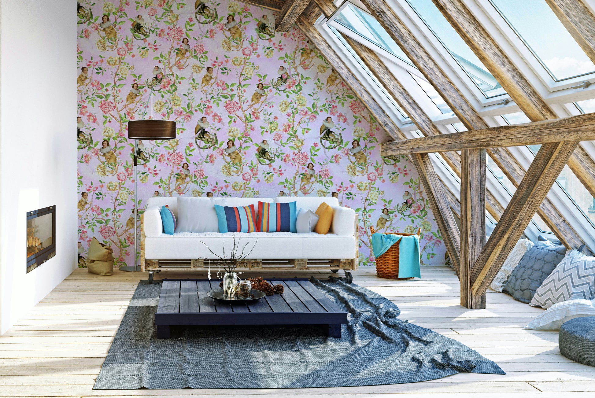 Aristocratic monkey mural with vintage florals and vines.

