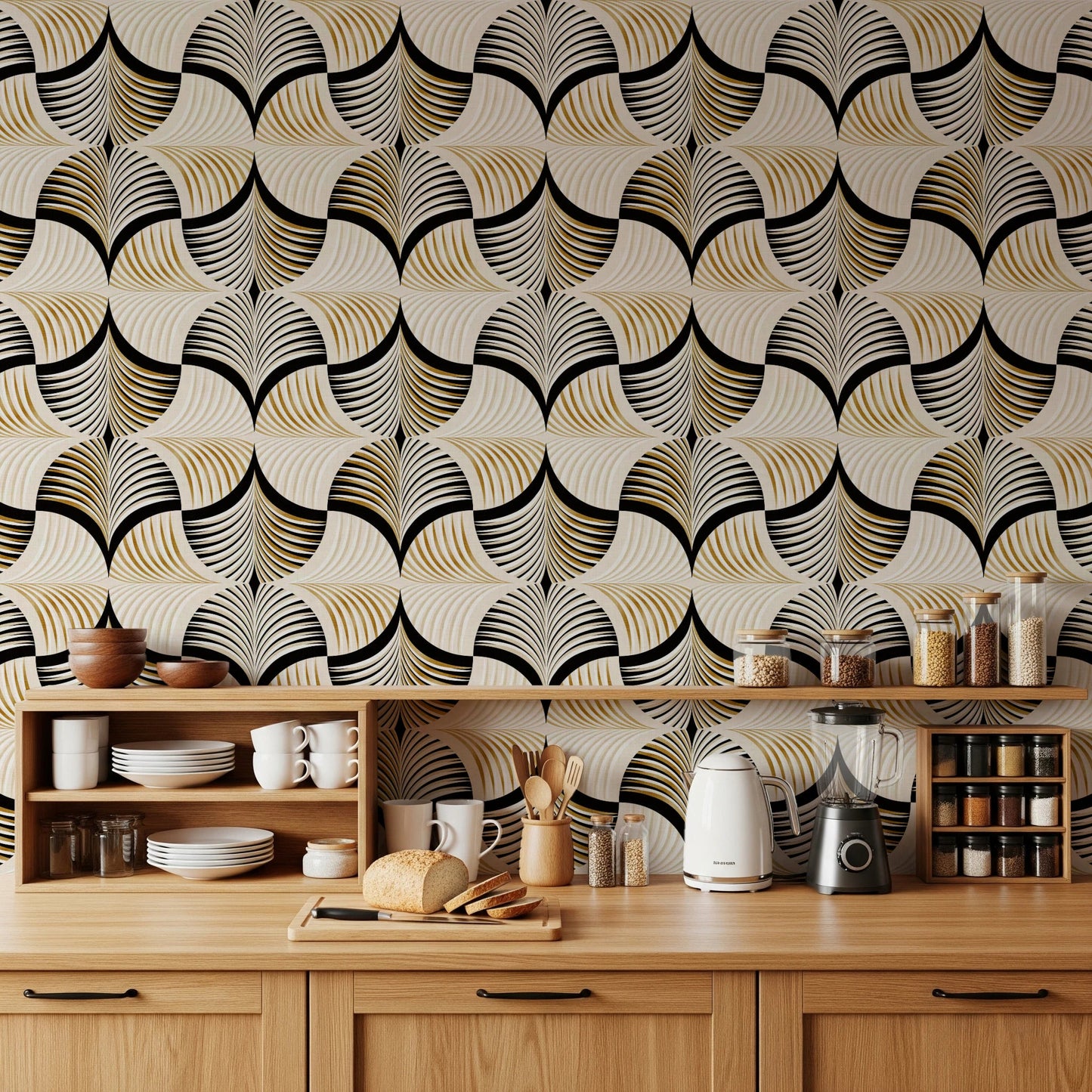 Art Deco Botanical Palm Fan Gold and Black wallpaper above wood cabinets and open shelving in a kitchen