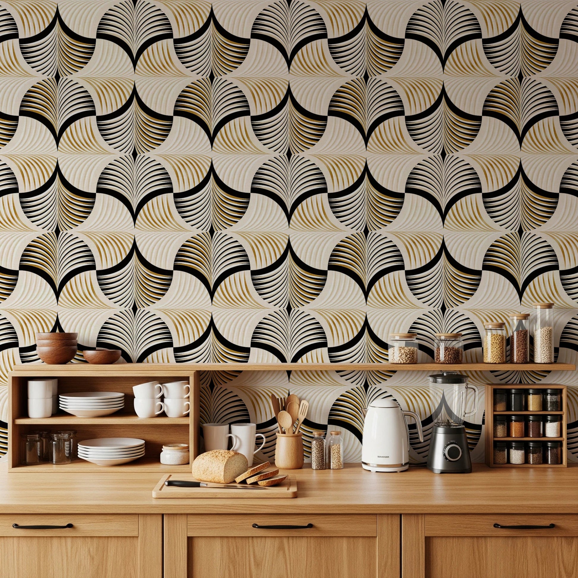 Art Deco Botanical Palm Fan Gold and Black wallpaper above wood cabinets and open shelving in a kitchen