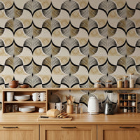 Art Deco Botanical Palm Fan Gold and Black wallpaper above wood cabinets and open shelving in a kitchen