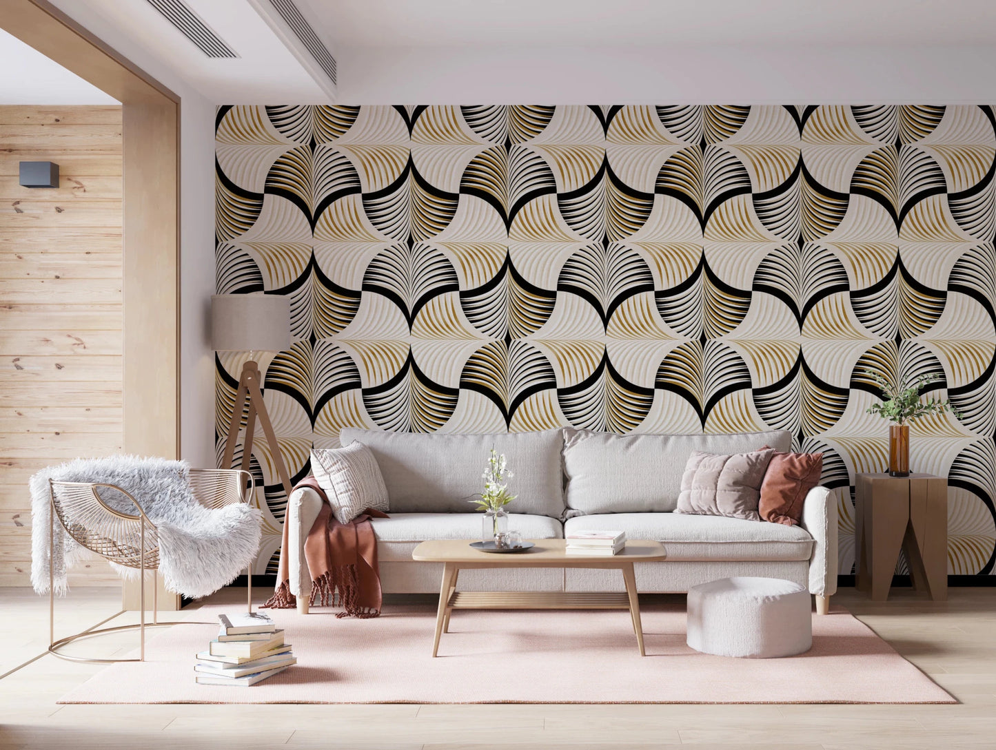 Art Deco Botanical Palm Fan Gold and Black wallpaper behind a grey sofa and rattan chair with a pink rug