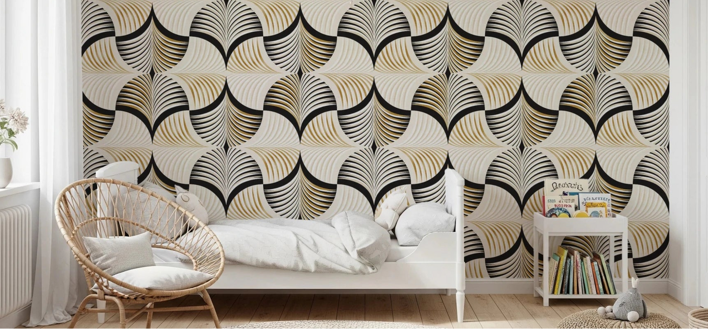 Art Deco Botanical Palm Fan Gold and Black wallpaper behind a white bed and round rattan chair in a child's bedroom