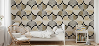 Art Deco Botanical Palm Fan Gold and Black wallpaper behind a white bed and round rattan chair in a child's bedroom