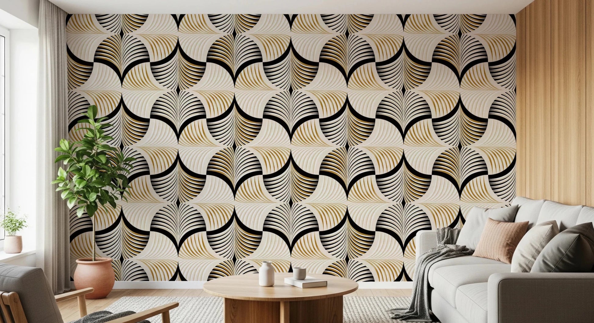 Art Deco Botanical Palm Fan Gold and Black wallpaper behind a white sofa and tall plant by a wood-slat wall