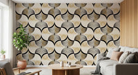 Art Deco Botanical Palm Fan Gold and Black wallpaper behind a white sofa and tall plant by a wood-slat wall