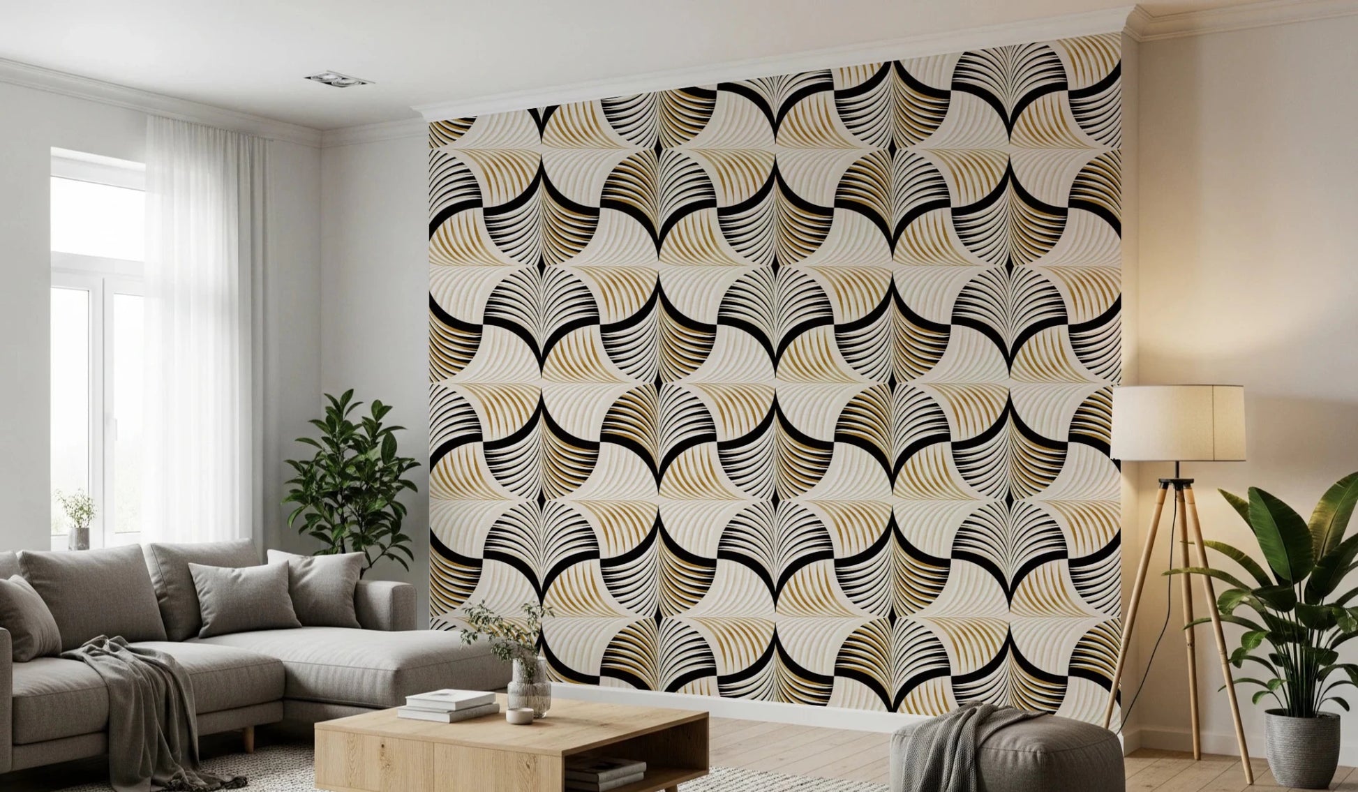 Art Deco Botanical Palm Fan Gold and Black wallpaper behind a grey sectional and tripod lamp in a living room