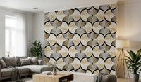 Art Deco Botanical Palm Fan Gold and Black wallpaper behind a grey sectional and tripod lamp in a living room