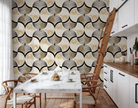 Art Deco Botanical Palm Fan Gold and Black wallpaper behind a marble dining table and wishbone chairs in a kitchen