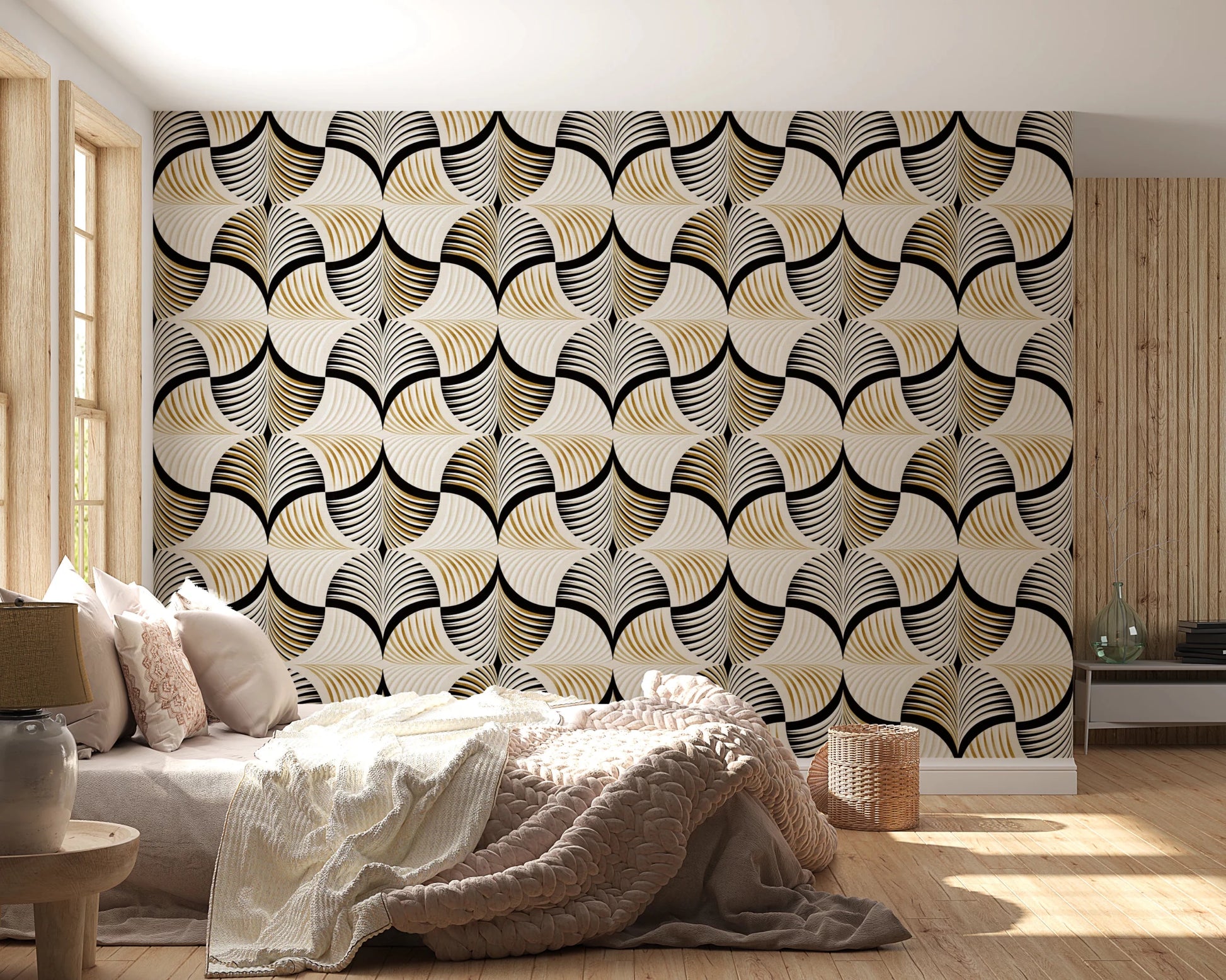 Art Deco Botanical Palm Fan Gold and Black wallpaper behind a low bed with blush bedding in a bedroom