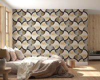 Art Deco Botanical Palm Fan Gold and Black wallpaper behind a low bed with blush bedding in a bedroom