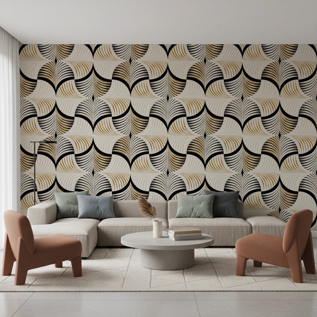 Art Deco Botanical Palm Fan Gold and Black wallpaper behind a beige sectional and terracotta armchairs