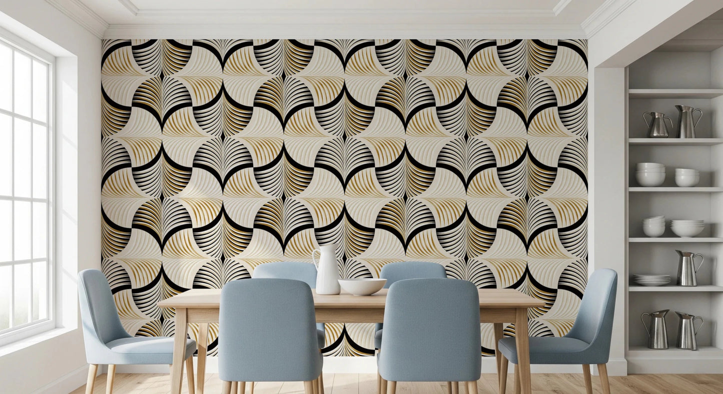 Art Deco Botanical Palm Fan Gold and Black wallpaper behind a wood dining table and light blue chairs