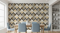 Art Deco Botanical Palm Fan Gold and Black wallpaper behind a wood dining table and light blue chairs