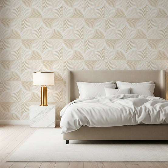 Art Deco Botanical Palm Fan Soft White Beige wallpaper behind a beige bed with a gold lamp in a bedroom