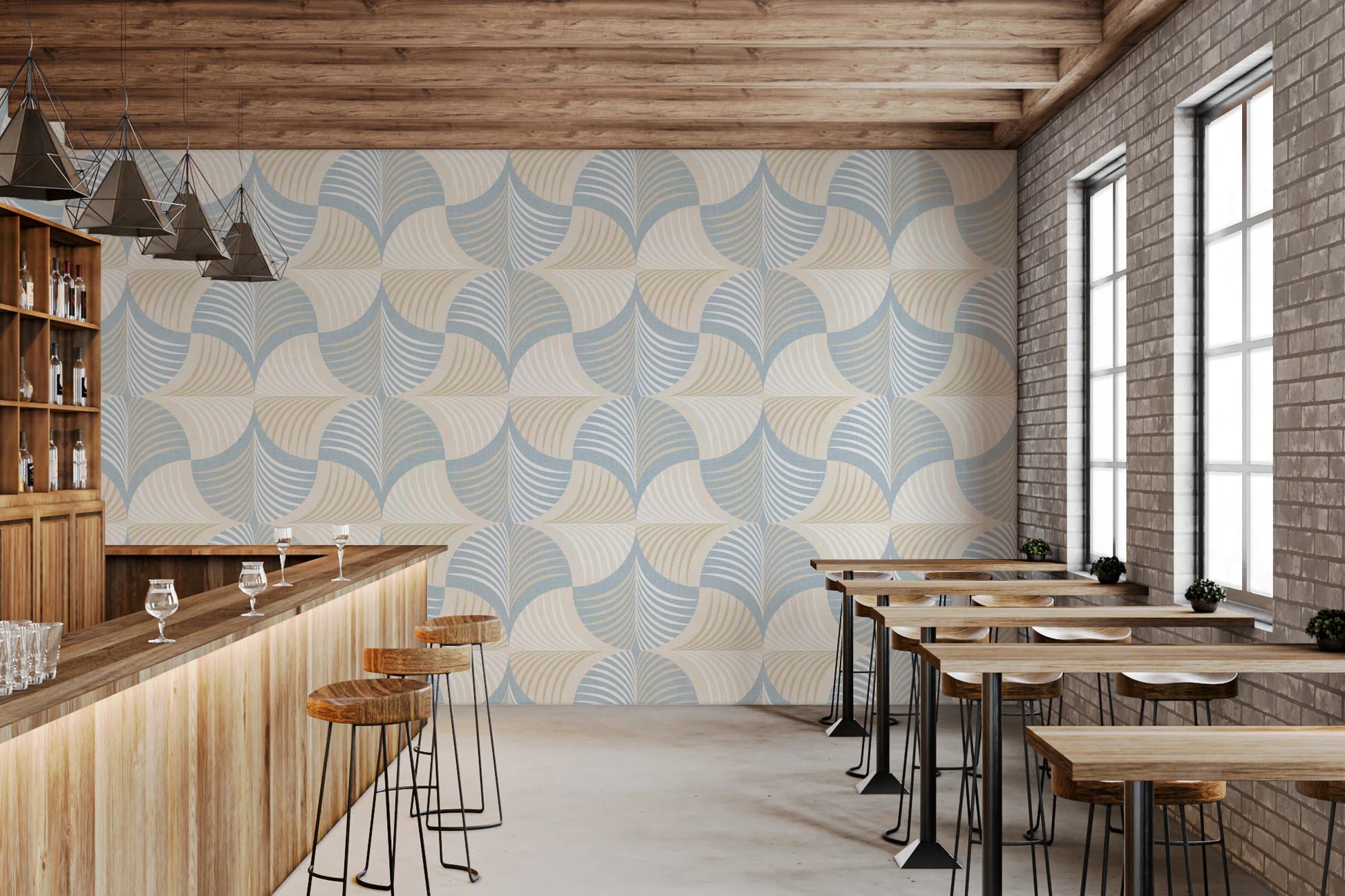 Art Deco Botanical Palm Fan – White Beige Blue Wallpaper⁠