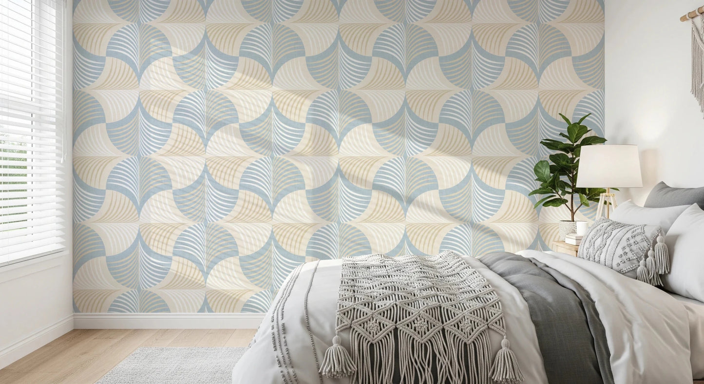Art Deco Botanical Palm Fan – White Beige Blue Wallpaper⁠