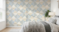 Art Deco Botanical Palm Fan – White Beige Blue Wallpaper⁠