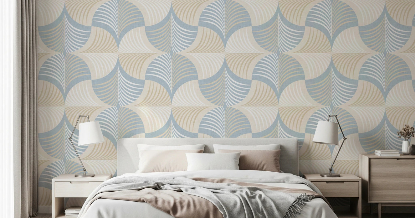 Art Deco Botanical Palm Fan – White Beige Blue Wallpaper⁠