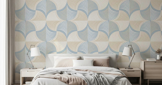 Art Deco Botanical Palm Fan – White Beige Blue Wallpaper⁠