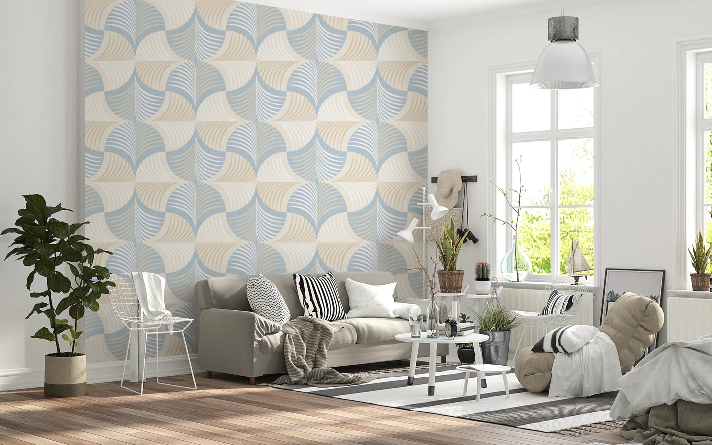 Art Deco Botanical Palm Fan – White Beige Blue Wallpaper⁠