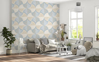 Art Deco Botanical Palm Fan – White Beige Blue Wallpaper⁠