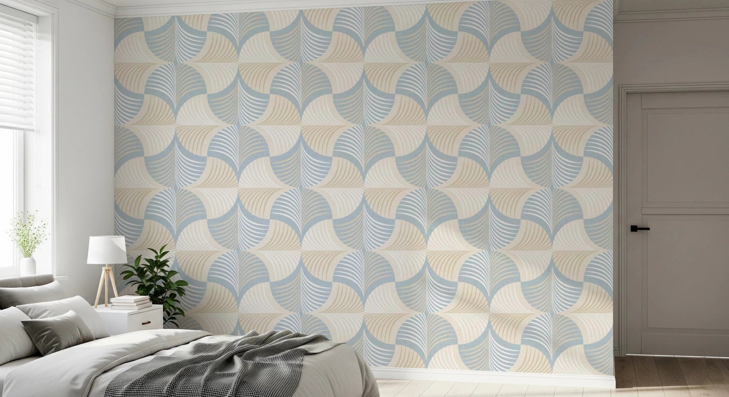 Art Deco Botanical Palm Fan – White Beige Blue Wallpaper⁠